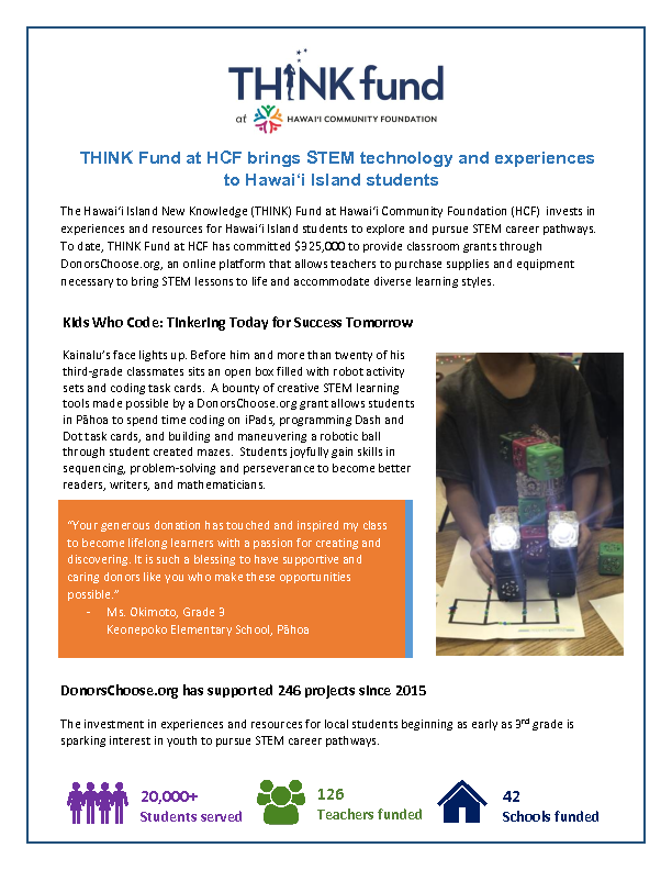 THINK Fund at HCF brings STEM technology and experiences to Hawai‘i Island students