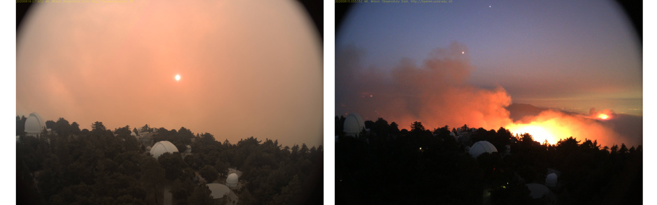 Glow of the Bobcat fire reaching the Mount Wilson Observatory on the morning of September 16 (left) and September 15, 2020 (right)