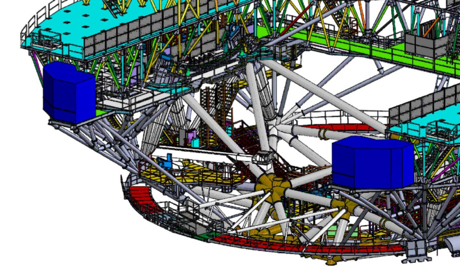 Rendering of TMT’s Cryogenic Cooling System (CRYO) Envelopes on the telescope Nasmyth Platforms structure