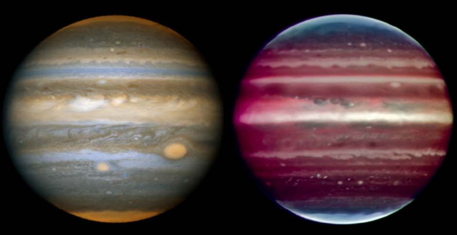 Jupiter, seen from space and from the ground.