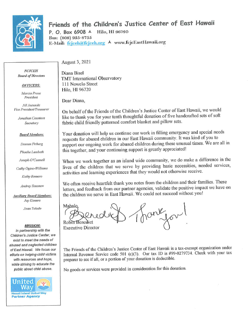 Thank you Letter from the Friends of the Children's Justice Center of East Hawaii